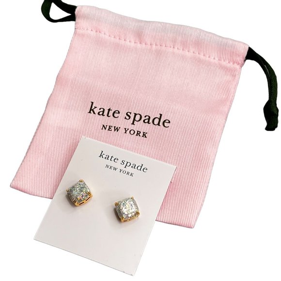 Kate Spade Opal Glitter Square Stud Earrings Gold Plated with Pouch NWT - Picture 1 of 8